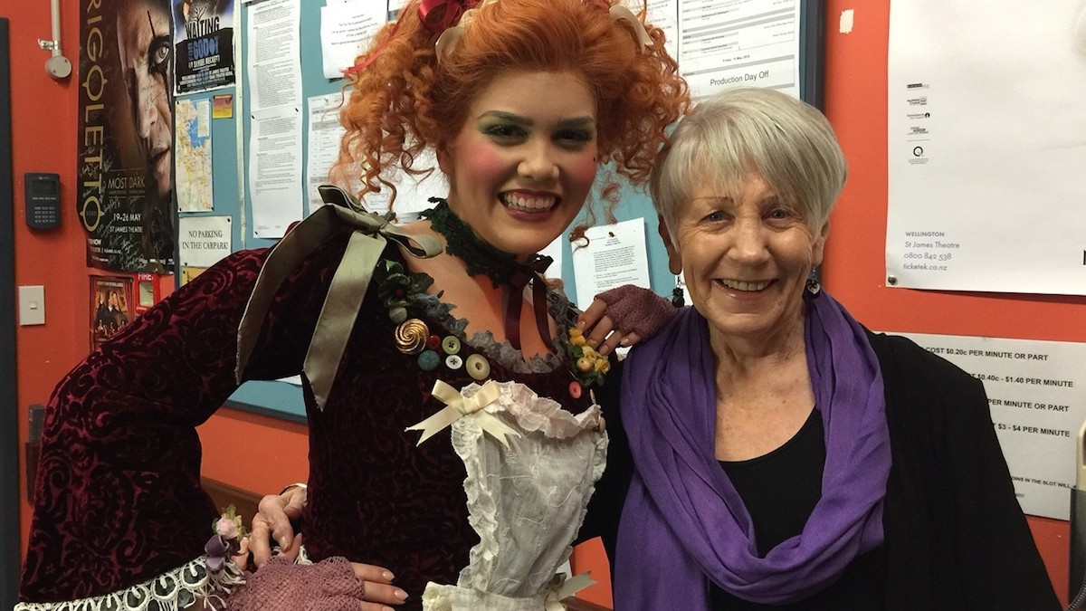 Dame Malvina Young Artist 2015 Amelia Berry in costume as Clorinda (from NZ Opera's production of La Cenerentola) with Trustee Angela Gorton