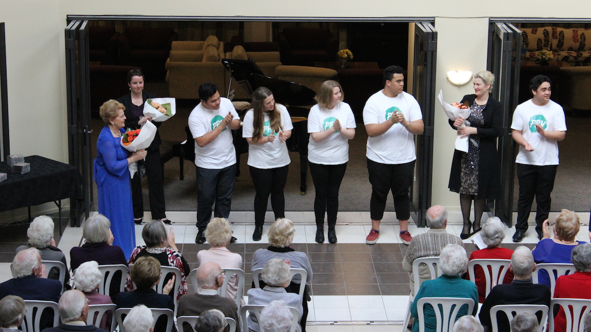 Dame Malvina with Anna Pierard and some of the young singers from Project Prima Volta, at the Dame Malvina Major Foundation showcase at Princess Alexandra Retirement Village, Napier